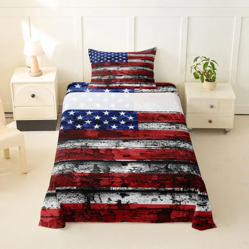 Feelyou Juego de sábanas de la bandera estadounidense, tamaño individual, juego de cama para niños y niñas, 4 de julio, 4 de julio, sábana bajera