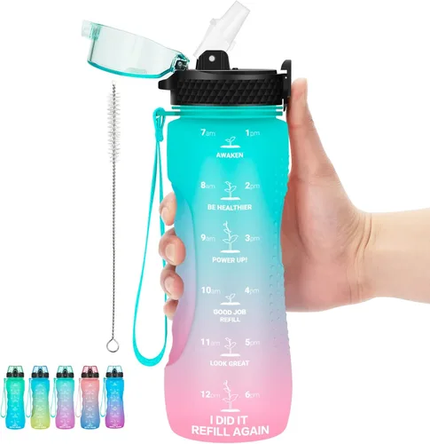 Miniatura 12 de Botella de agua motivacional para niños de 24 onzas con marcador de tiempo, tapa de pajilla, a prueba de fugas, botella de agua deportiva Tritan sin