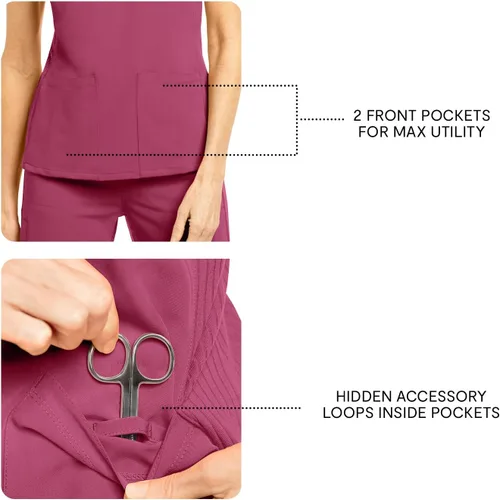 Miniatura 6 de Olive & Co. Camisas médicas para mujer, color rojo vino, moderno, ajustado, con cuello en V