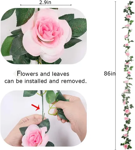 Miniatura 4 de LESING Guirnalda de rosas artificiales, 4 unidades (28.8 pies), guirnalda de flores de seda falsa con plantas verdes, guirnaldas de flores colgantes