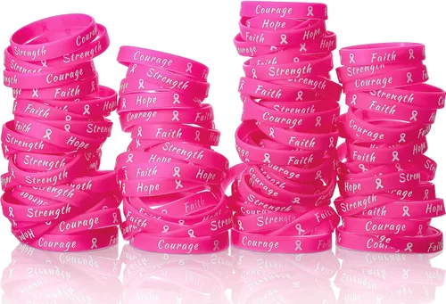 Miniatura 8 de Sratte 60 pulseras de cinta rosa para concientización sobre el cáncer de mama, pulseras de goma para mujeres, fiestas, eventos públicos