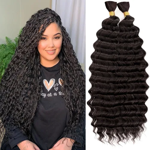 Miniatura 48 de Mezcla de cabello humano trenzado sintético bohemio para trenzar, 16 pulgadas de onda profunda a granel para trenzas bohemias, 2 piezas de cabello 1b
