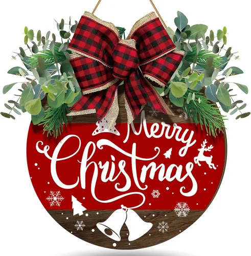 Boao Decoraciones de puerta de Navidad de madera con texto en inglés «Merry Christmas» para puerta delantera, colgador de letrero con lazo rojo a