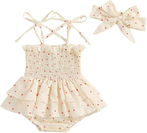 Miniatura 63 de Mameluco para bebés y niñas de 3, 6, 9, 12, 18 meses, enterizo de manga corta, fruncido, faldas y dobladillo, diadema