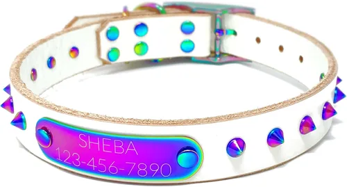 Miniatura 15 de Collar de perro de cuero con brida hecha a mano, grabado arco iris de acero inoxidable (negro)