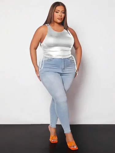 Miniatura 6 de Floerns Camiseta corta sin mangas con cordón para mujer, talla grande, metálica