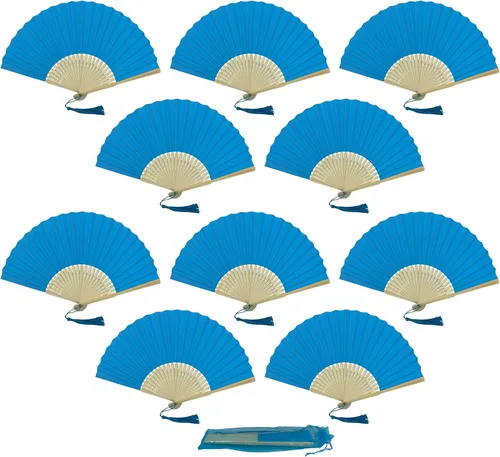 Paquete de 10 abanicos plegables de mano de papel con borla y varillas de bambú de grado A para mujeres y niñas, regalo de fiesta de verano, Azul