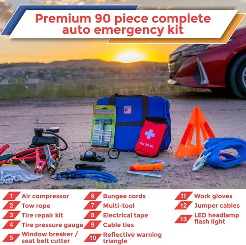 Miniatura 2 de Kit de emergencia para automóvil con compresor de aire, cables de puente, primeros auxilios, correa de remolque, medidor de neumáticos, faro Azul