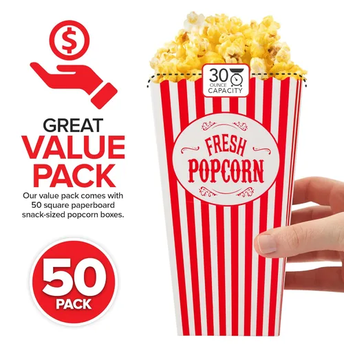Miniatura 2 de Stock Your Home Paquete de 50 cajas de palomitas de maíz desechables de cine a rayas rojas y blancas, capacidad de 30 onzas, caja de aperitivos