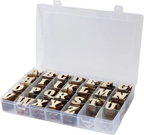 520 letras de madera de 1.3 pulgadas, números de madera, mini símbolos de madera en blanco, bandeja de almacenamiento de letras de madera sin