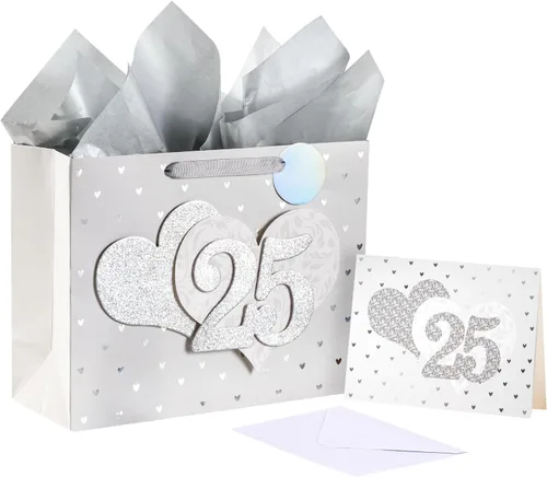 Miniatura 12 de LeZakaa 13" Wedding Anniversary Bag with Tissue Paper, Tag & Greeting Card, Happy Anniversary Gold Glitter Gift Bag for Couple, Parents, Wife