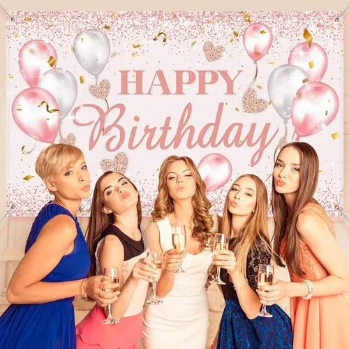 Miniatura 6 de Tatuo Decoración de fiesta de cumpleaños rosa y oro rosa, suministros de decoración de fiesta de cumpleaños para mujeres, pancarta con purpurina