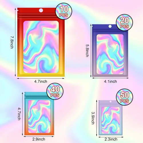 Miniatura 2 de 120 bolsas de tereftalato de polietileno a prueba de olores, bolsa de embalaje holográfica resellable con ventana transparente para alimentos