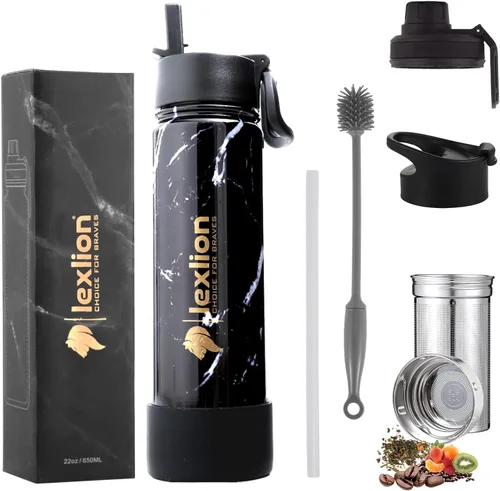 Miniatura 22 de Lexlion Botella de Agua con Infusor de Té 32 Oz – Termo de Acero Inoxidable con Triple Pared Aislada, Colador para Hojas Sueltas y Frutas, 3 Tapas a