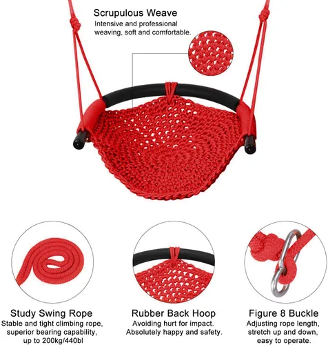 Miniatura 6 de Asiento de columpio para niños de servicio pesado, cuerda de juego, juego de columpio seguro para niños, perfecto para interiores, exteriores, Rojo