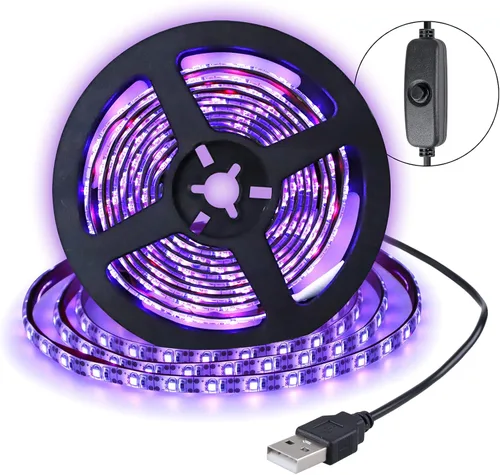 Tira de luz negra LED 2M 2835 impermeable 120LED UV LED Bar fuente de alimentación a través de USB, efecto de 395 nm, luz de fiesta, iluminación de