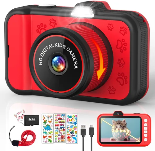 Cámara para niños de CHAKEYAKE, cámara digital para niños pequeños con lente de zoom giratorio, pantalla grande de 3.5”, cámara de juguete de 1080P