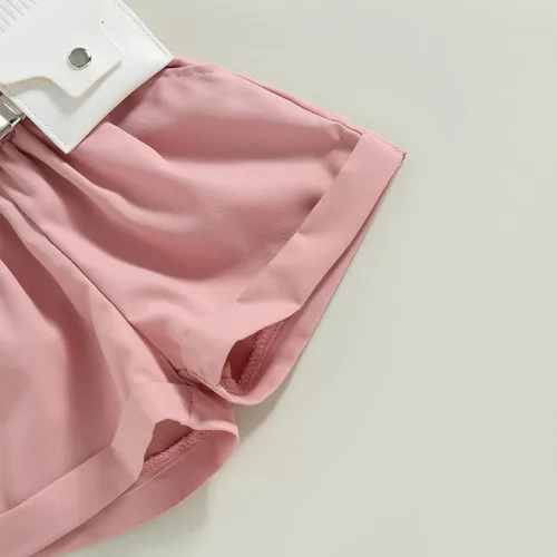 Miniatura 7 de Conjunto de ropa de verano para niña pequeña, con volantes, sin mangas, acanalada, pantalones cortos de cintura elástica con cinturón, ropa de moda
