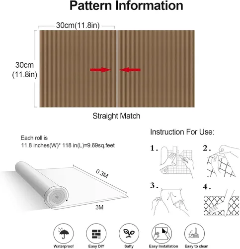 Miniatura 5 de Papel tapiz autoadhesivo con listones de madera, papel de contacto autoadhesivo de 11.8 x 118 pulgadas con efecto 3D, papel tapiz de madera extraíble