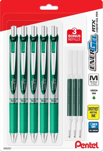 Pentel Energel - Bolígrafos de tinta de gel líquido de 0.028 in, paquete de 5 bolígrafos RTX de lujo verdes con 3 recambios