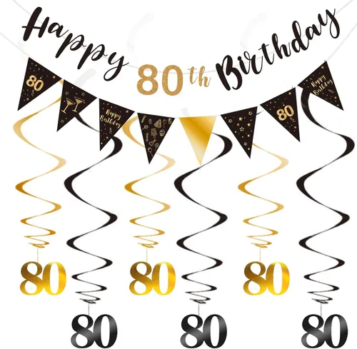 Kit de decoración de cumpleaños número 80: pancarta de feliz 80, banderines, serpentinas y banderas triangulares en negro y dorado