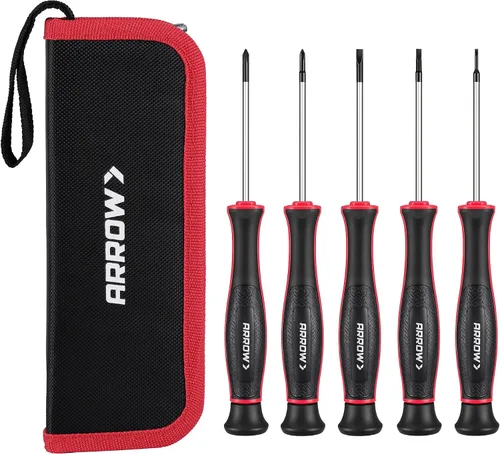 ARROW - Juego de destornilladores de precisión de 5 piezas con bolsa, juego de destornilladores pequeños magnéticos, Phillips, ranurado, acero Cr-V,