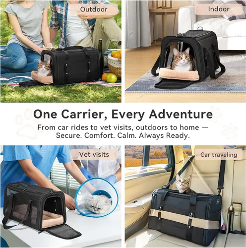 Miniatura 9 de PETSFIT Transportador de gatos de lados suaves con hebillas de seguridad patentadas, cremalleras bloqueables y correa de seguridad, transportador