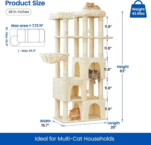 Miniatura 6 de MWPO Árbol grande para gatos de interior, torre de gatos de 63 pulgadas con 3 condominios para gatos, postes rascadores, pedestales acolchados, Beige