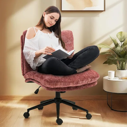 Miniatura 10 de Dowinx Silla Criss Cross con ruedas, cojín engrosado de doble capa, silla de tocador moderna para el hogar de tela premium con asiento ancho, beige