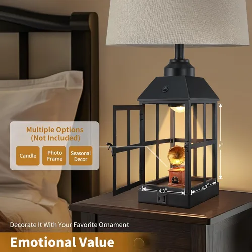 Miniatura 2 de Lámparas de mesa estilo granja de 25" para sala de estar, juego de 2 lámparas negras con puerto USB y luz nocturna, lámpara de mesa rústica