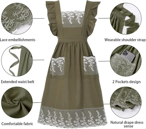 Miniatura 6 de Aoomzoon Delantales vintage para mujer con bolsillos, lindo delantal ajustable de encaje con volantes para cocinar, cocina, hornear, jardinería