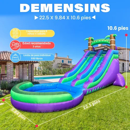 Miniatura 3 de Tobogán acuático inflable de grado para niños y adultos con gran piscina de salpicaduras, 22.5 x 9.84 x 10.6 pies, para fiesta en el patio trasero