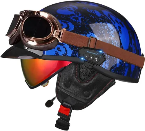 Miniatura 15 de Casco de cara abierta con Bluetooth para hombres y mujeres, casco retro de estilo alemán con diseño de calavera, visera con gafas, casco de media
