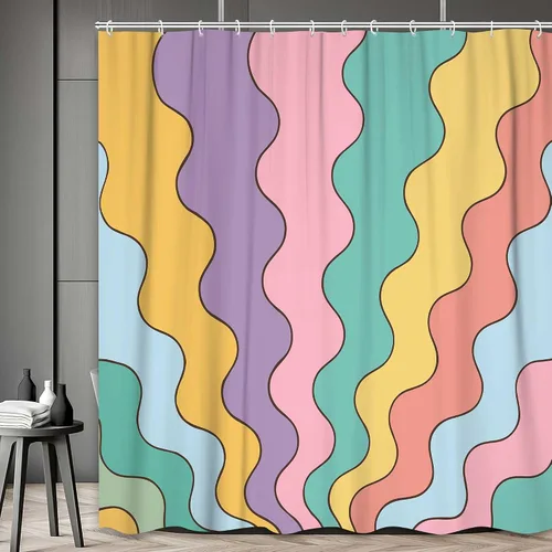 Miniatura 3 de Neutral Muted Earth Tone Wavy Shower Curtain Mid Century Modern Sage Taupe Blush Abstract Boho Bathroom Curtain Set with Hooks 36x72 Inch
