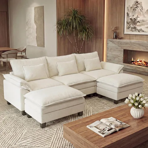URRED - Sofá seccional modular Cloud Couch, sofá moderno en forma de U de 122" con asiento profundo con 2 otomanos y almohadas, sofás de chenilla