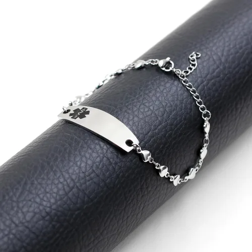 Miniatura 7 de Pulsera de símbolo médico de plata grabada con láser, alerta de salud grabada en forma de corazón, adecuada para primeros auxilios de emergencia