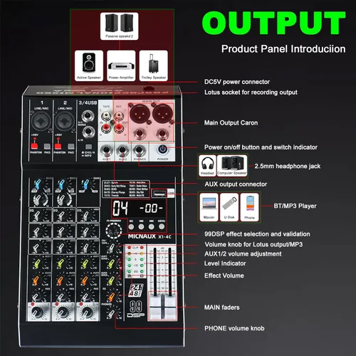 Miniatura 8 de Mezclador de audio de 4 canales, consola mezcladora de sonido profesional con 99 efectos DSP, mezclador de DJ pequeño con USB, Bluetooth, fuente