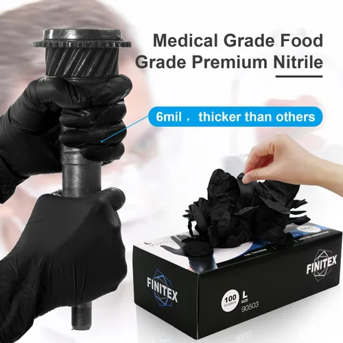 Miniatura 4 de FINITEX Guantes desechables de nitrilo negro para examen médico, 100/1000 unidades, 6.3 mil sin polvo, sin látex, guantes para alimentos Negro