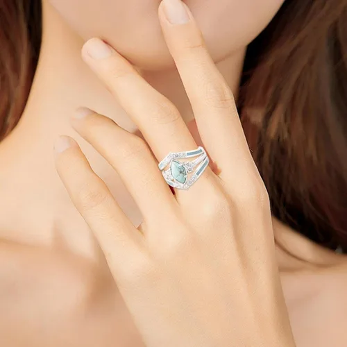 Miniatura 4 de Anillos de diamantes turquesa de 3 piezas para mujer de plata de ley natural anillos de joyería simples de moda