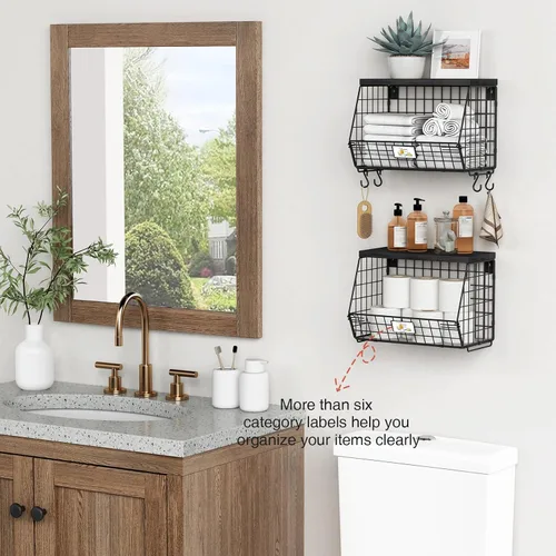 Miniatura 4 de Goozii Set de 2 cestas de almacenamiento colgantes de pared para cocina negras, organizador rústico apilable para encimera de cocina, cestas