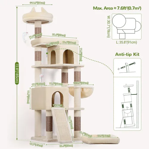 Miniatura 7 de Globlazer Árboles para Gatos de Servicio Pesado para Gatos Grandes, Árbol para Gatos Maine Coon Resistente de 72 pulgadas para Gatos Grandes de 20+