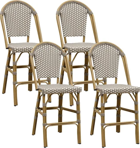 Miniatura 48 de PURPLE LEAF - Juego de 2 taburetes de bar franceses con acabado de bambú impreso, taburetes de bar de ratán para patio con respaldo, sillas de bar