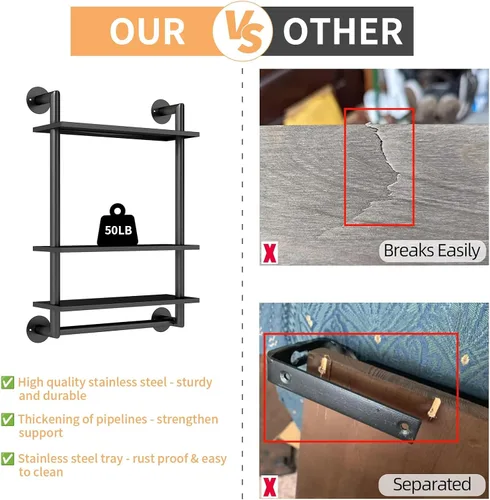 Miniatura 4 de STWWO Estantes de baño montados en la pared, estante de baño negro de 3 niveles con toallero, toallero flotante de acero inoxidable de 26 pulgadas