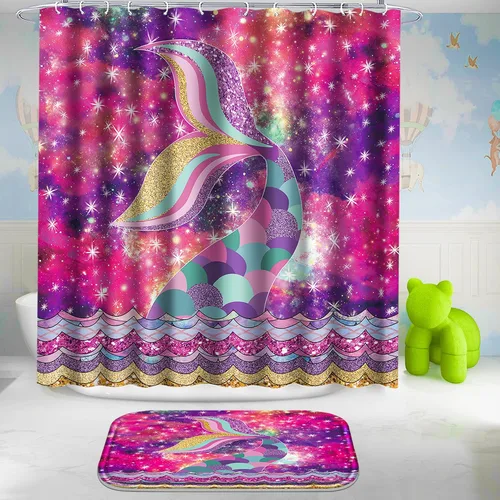 Miniatura 2 de Poedist Juego de 4 cortinas de ducha de baño, juego de baño para niños, juegos de cortinas de ducha espaciales con alfombras