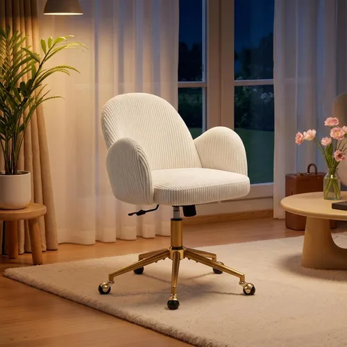Miniatura 8 de Silla de tocador con ruedas, silla de tocador de pétalos con respaldo y patas de metal dorado entrecruzadas, silla de escritorio para oficina