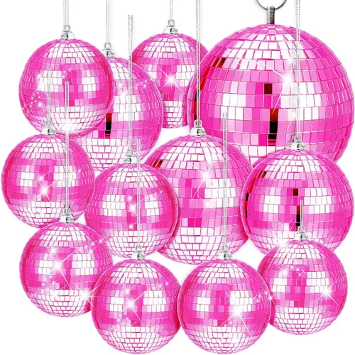 WILLBOND 12 paquetes de bola de espejo de discoteca con anillo colgante para divertidas decoraciones de fiesta retro de discoteca, efecto de Rosa