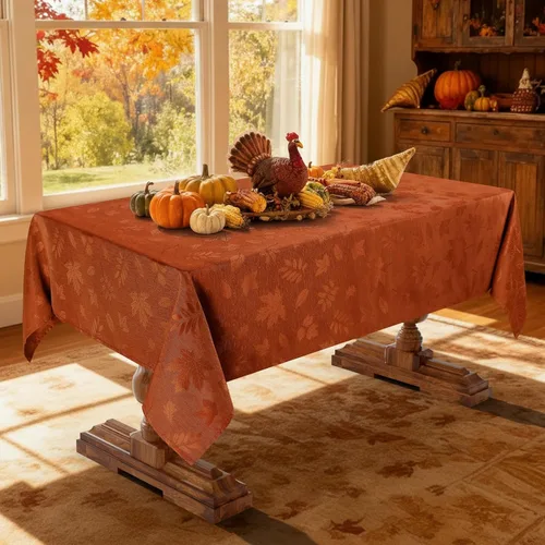 Miniatura 6 de Smiry Mantel rectangular de damasco impermeable de 60 x 102 pulgadas, patrón de hojas, manteles de tela jacquard para fiestas y cenas de vacaciones
