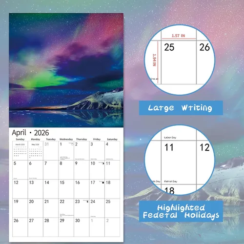 Miniatura 3 de Calendario de pared 2026, calendario 2026, julio de 2025 a diciembre de 2026, calendario de pared Aurora, 12 x 24 pulgadas abierto, página completa