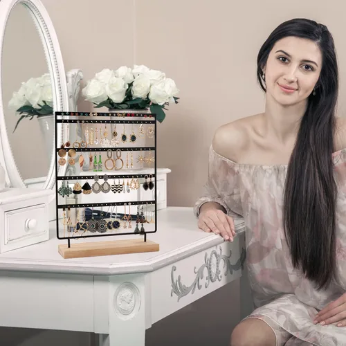 Miniatura 8 de Soporte organizador de aretes con 100 agujeros, 5 niveles, organizador de joyas, estante de base de madera, almacenamiento de aretes para niñas