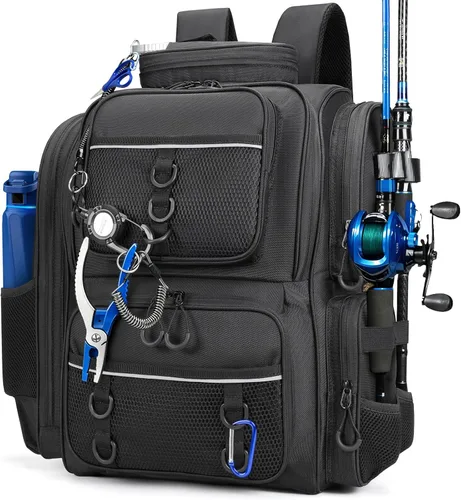 WANOON - Mochila para pesca, bolsa de pesca con soportes para cañas. Mochila de aparejos grande con materiales resistentes Negro